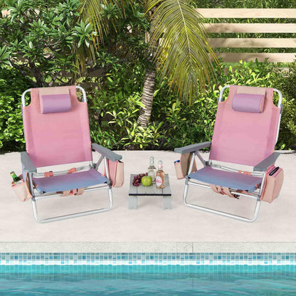2-Pack Folding Backpack Beach Chair 5-Position Outdoor Reclining Chairs with Pillow