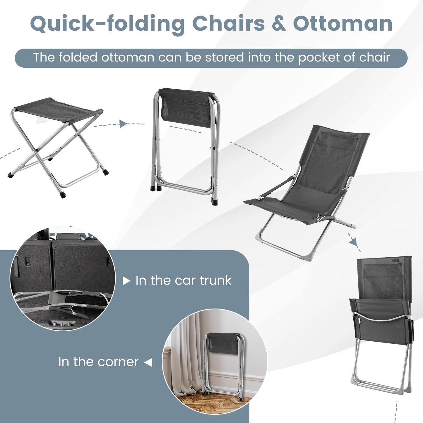 5 Piece Patio Sling Chair Set with Ottoman & Coffee Table