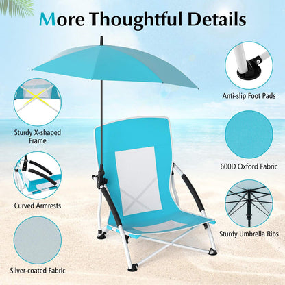 Foldable Beach Umbrella Chair with Adjustable Parasol and Universal Umbrella Clamp