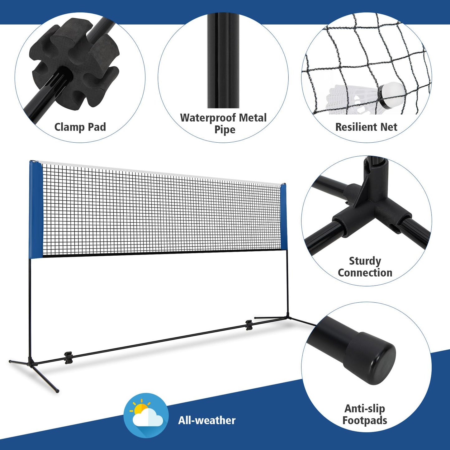 Portable Badminton Set with 2 Shuttlecocks Footpads Clamp Pads Carry Bag