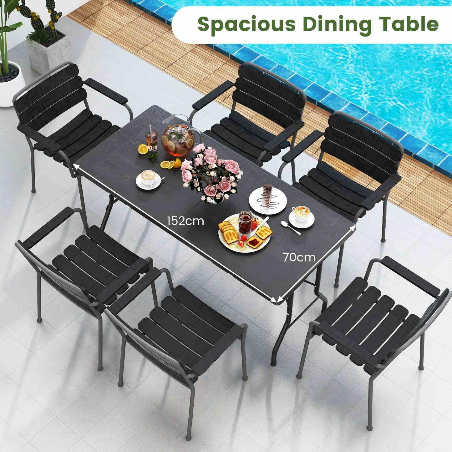 Outdoor Dining Table w/Wood Grain HDPE Tabletop 4-6 Person Camping Table