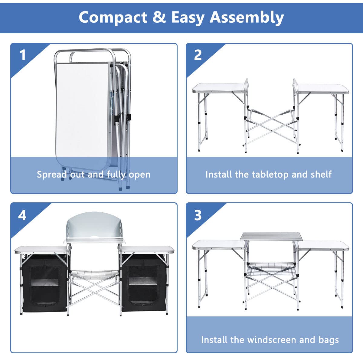 Portable Camping Kitchen Table Aluminum Fold-Up Camping Kitchen with Windscreen