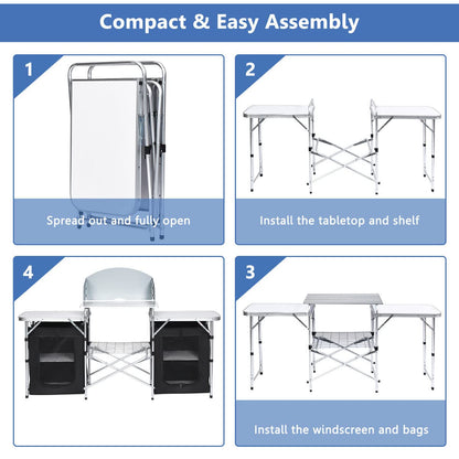 Portable Camping Kitchen Table Aluminum Fold-Up Camping Kitchen with Windscreen