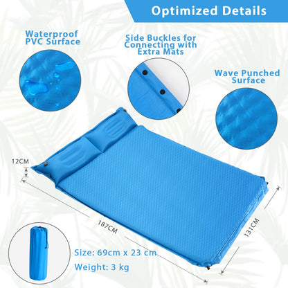Self-Inflating Travel Mattress Self-Inflating Camping Pad w/Pillows for 2 Persons