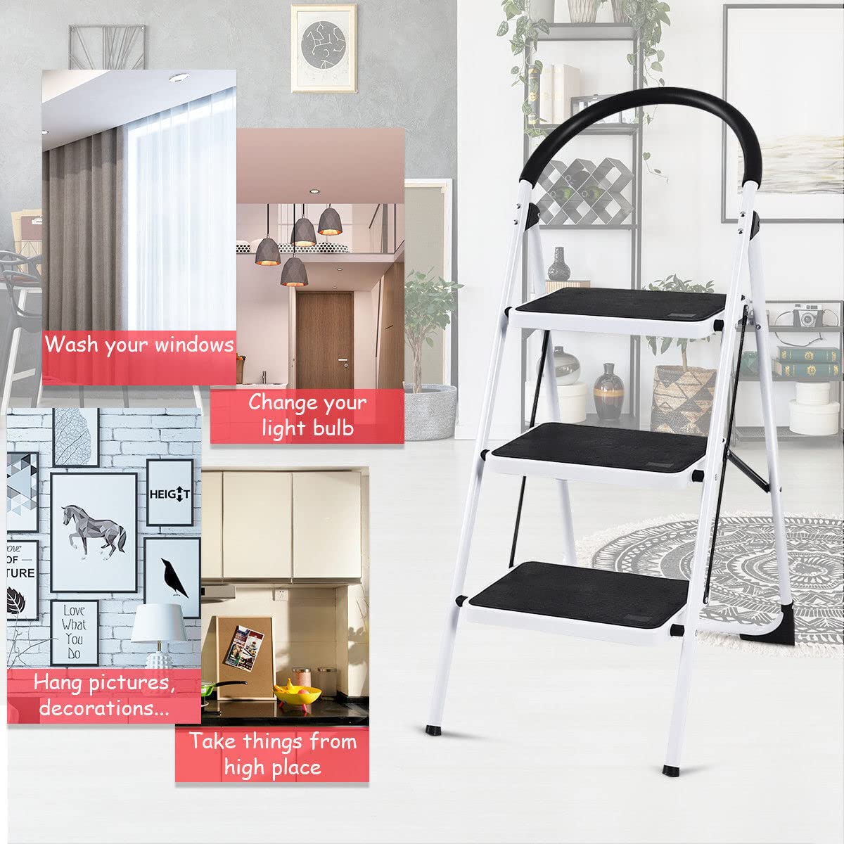 Folding 2/3 Steps Iron Stepladder with Platform and Handrail