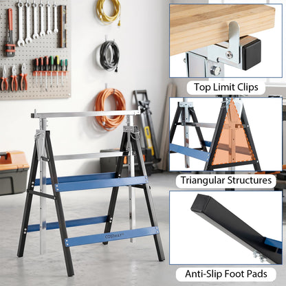 2 Pack Folding Saw Horses Adjustable Height Sawhorse Set with Top Limit Clip