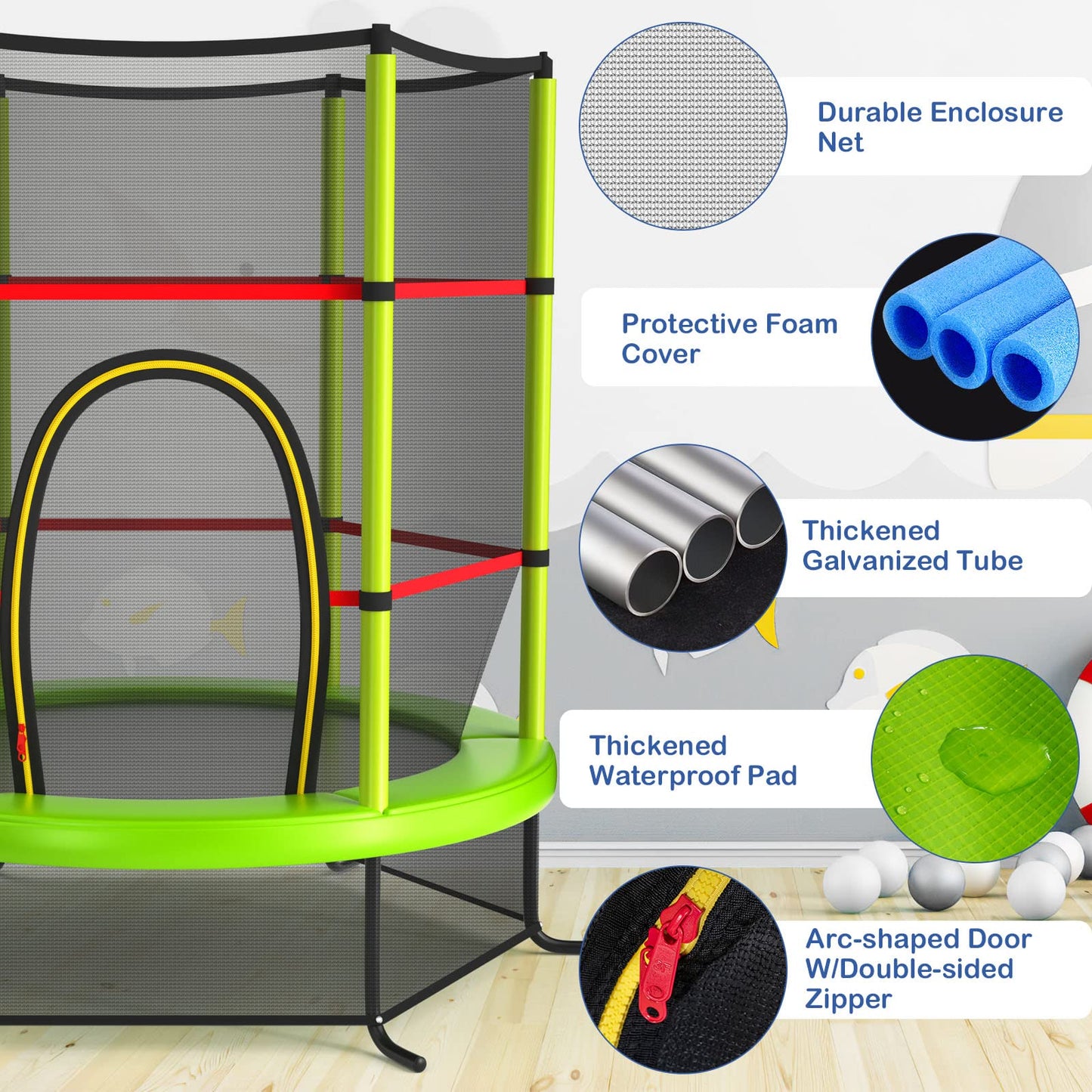 5.3FT Mini Kids Trampoline with 135kg Load Capacity & Enclosure Net