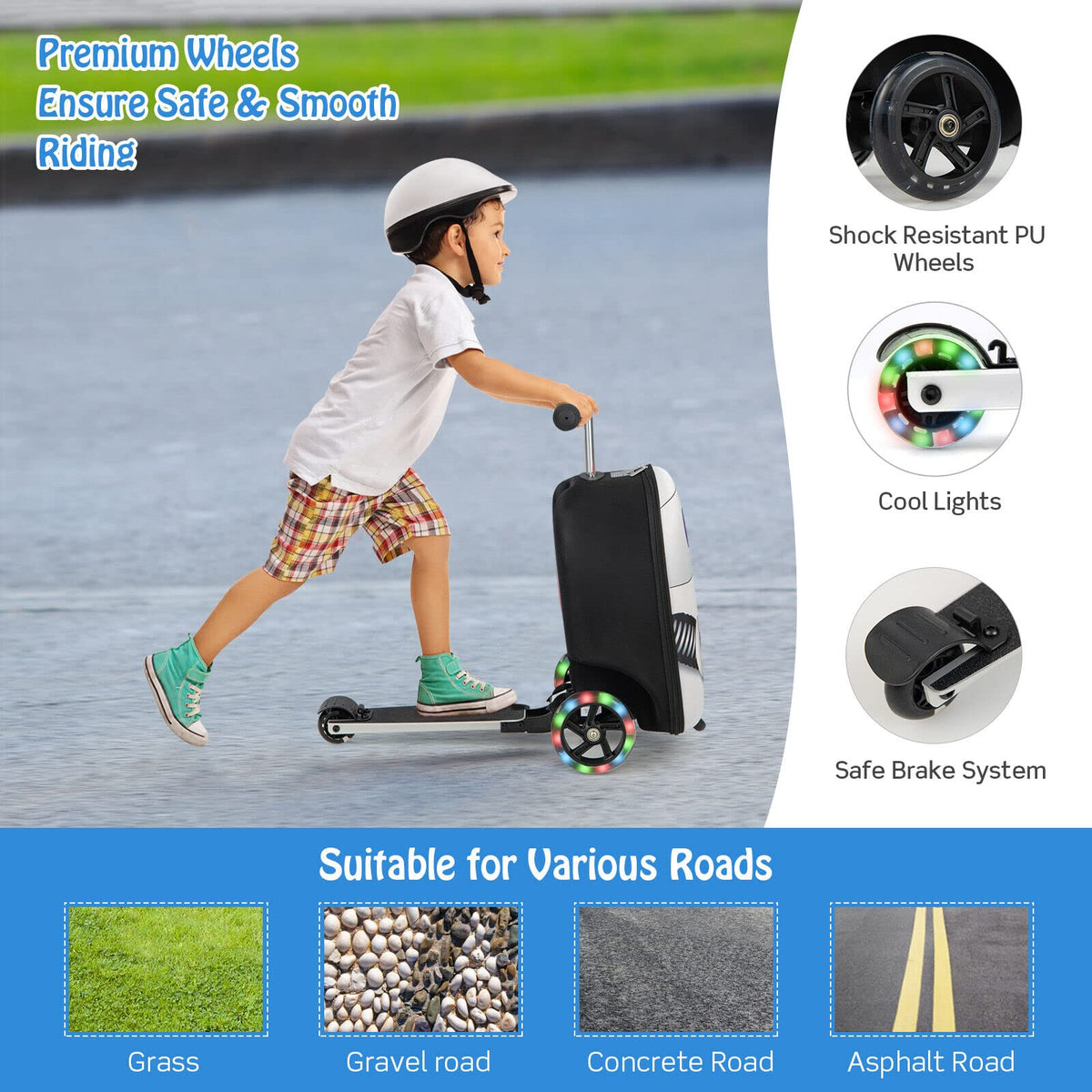 2-IN-1 Skateboard Luggage with 3 Color Lighted Wheels for Kids