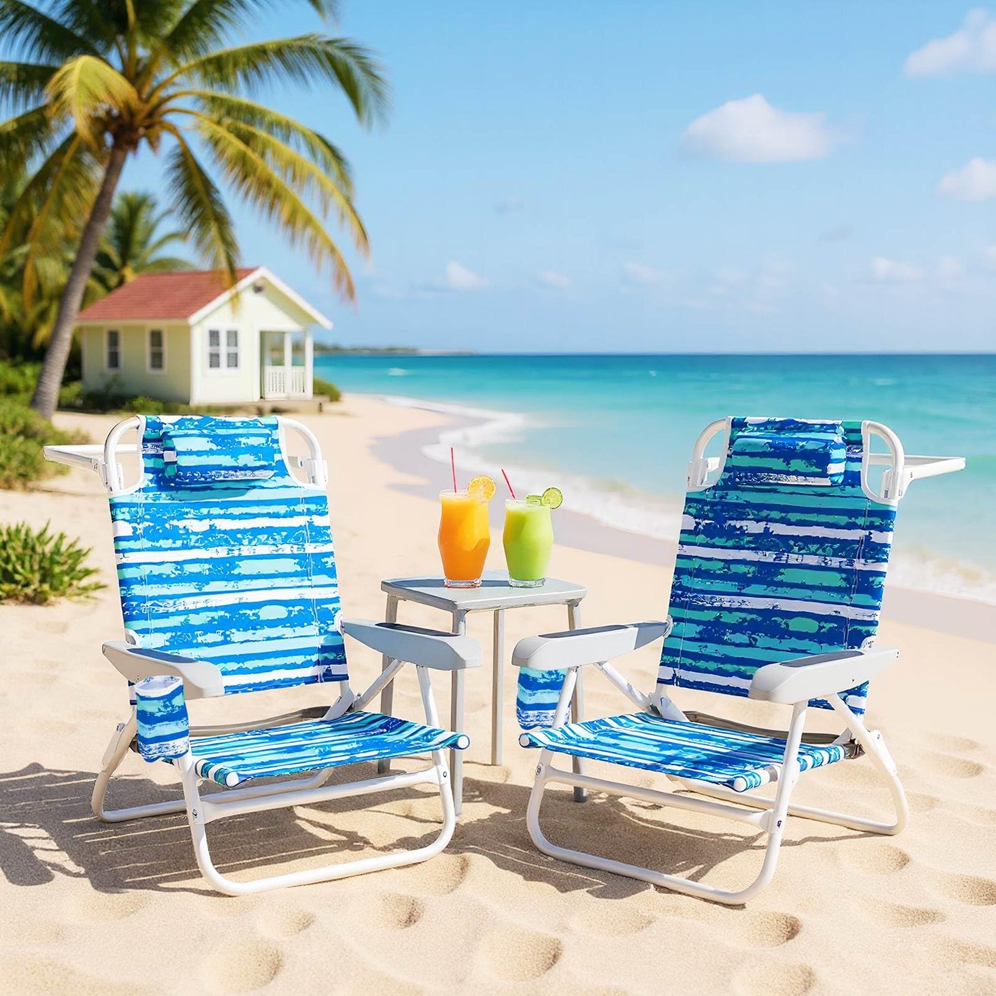 2 Pack Folding Beach Chair Adjustable with Head Pillow and Towel Bar