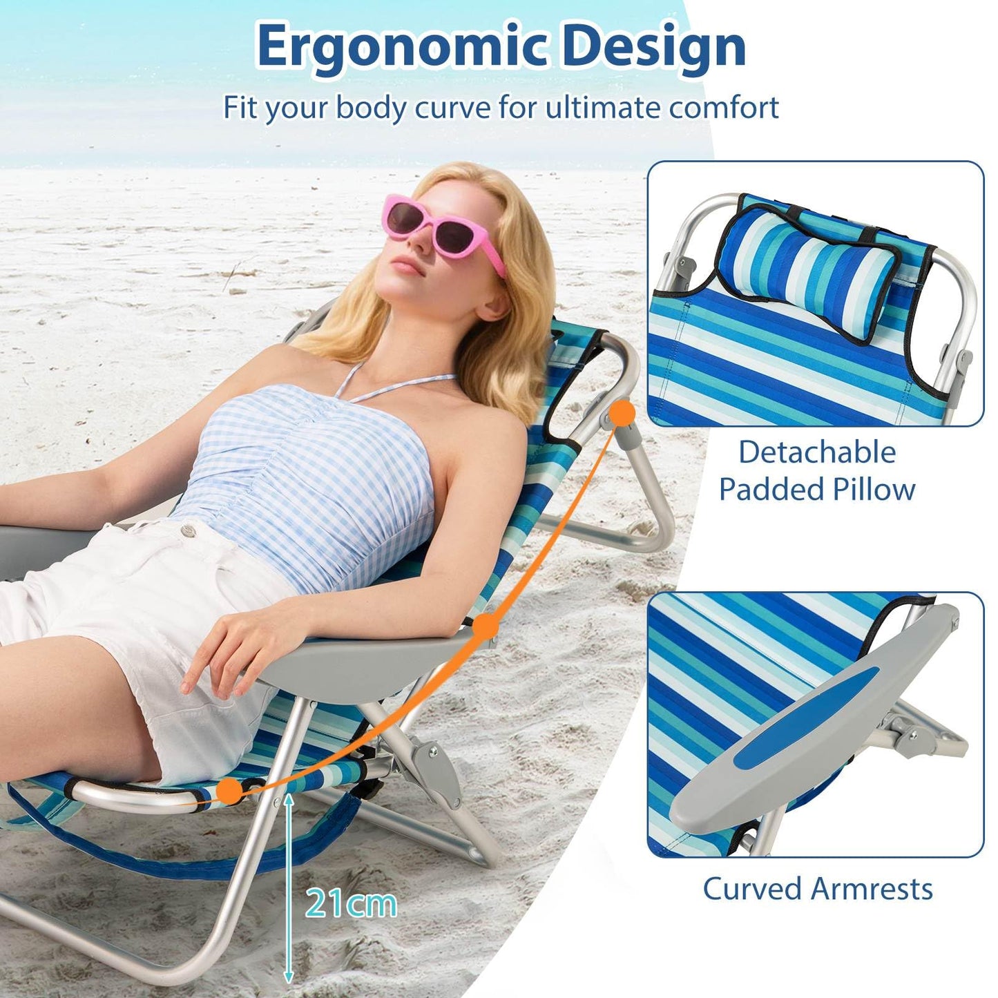 Folding Beach Chair for Adults with 4-Position Adjustable Backrest