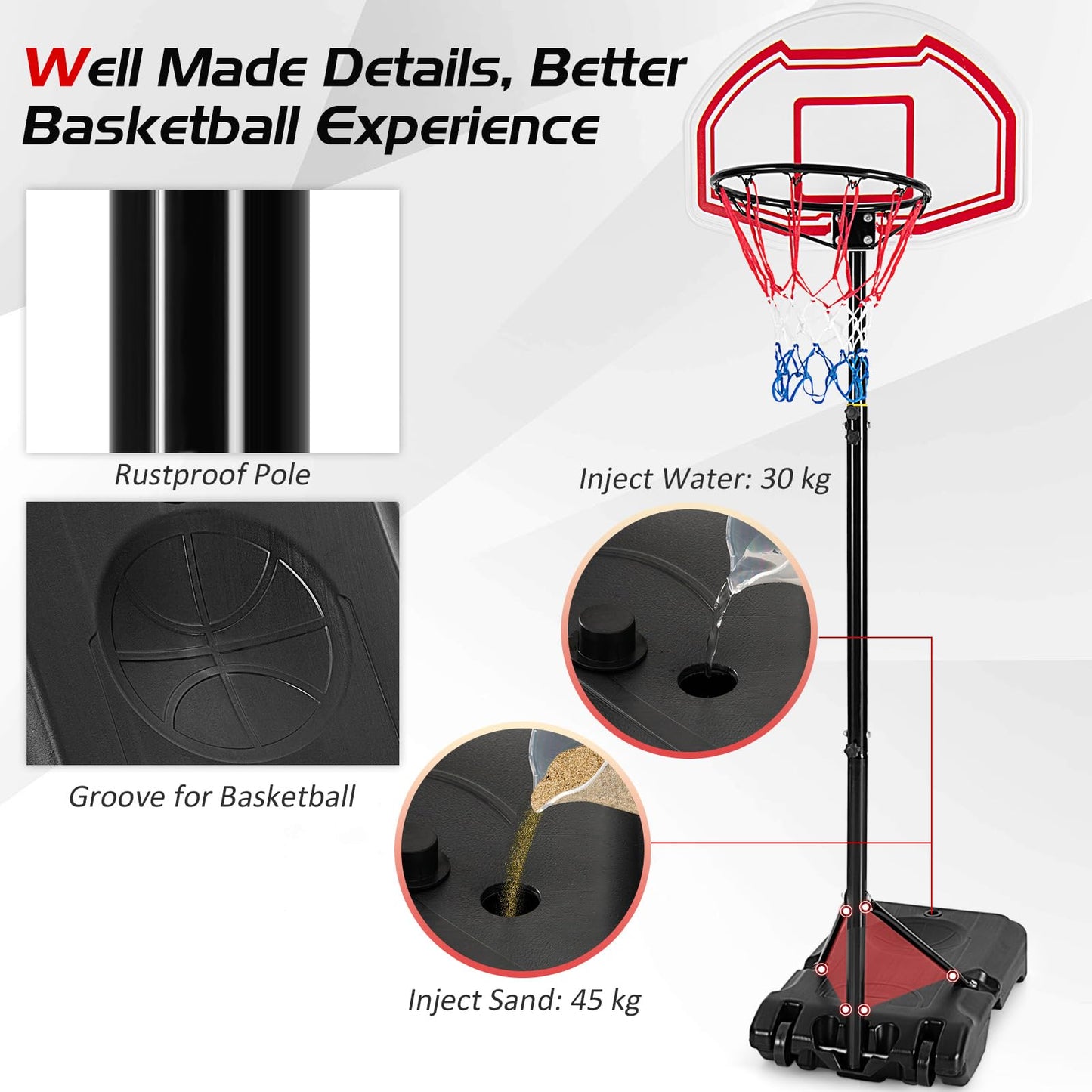 Height Adjustable Basketball System with 2 Nets Fillable Base 2 Built-in Wheels