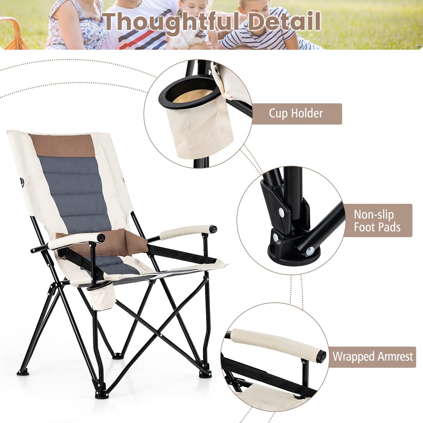 Portable High Back Camping Chair with Hard Armrest and Waist Pillow