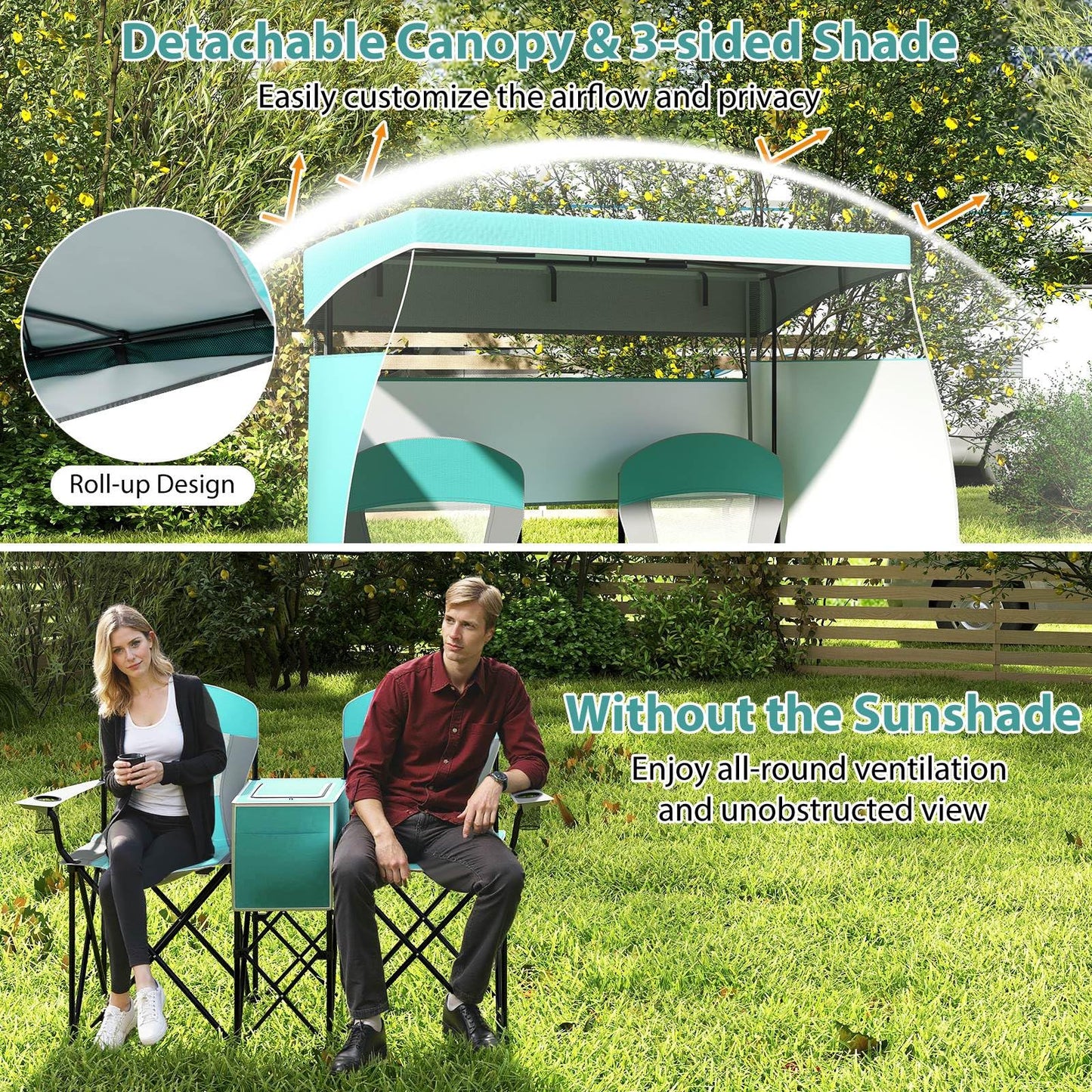 Double Beach Chair with Adjustable Canopy and 3 -Side Shading Curtains