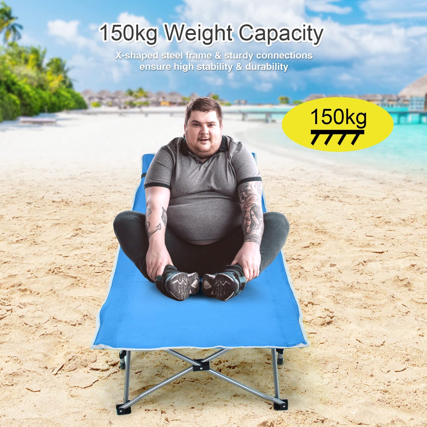 Folding Camping Cot Heavy-Duty Outdoor Cot Bed w/Side Storage Pocket
