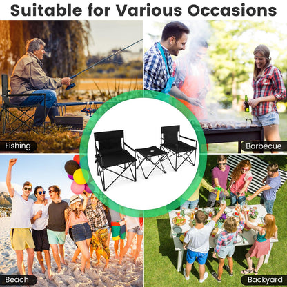 Portable Lawn Chairs & Side Table with 2 Cup Holders Storage Pockets
