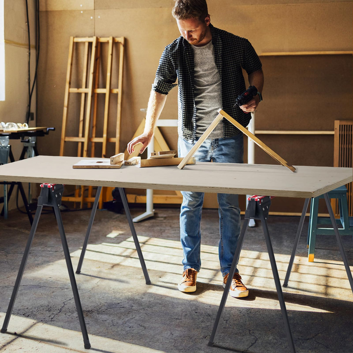 Portable Sawhorse Twin Pack 500kg Load Each with 2x4 Support Arms