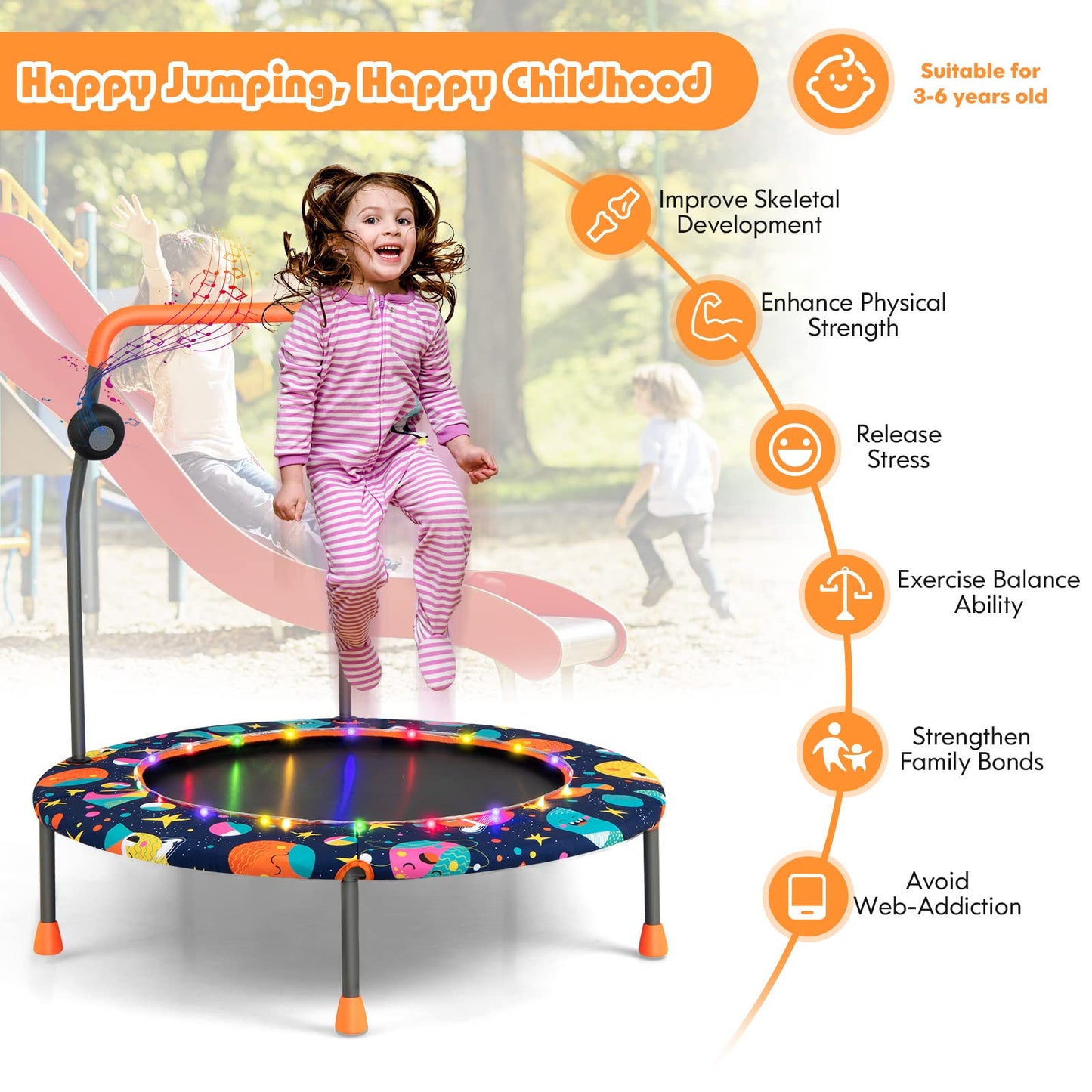 Toddler Music Trampoline with Colorful LED Lights for Kids