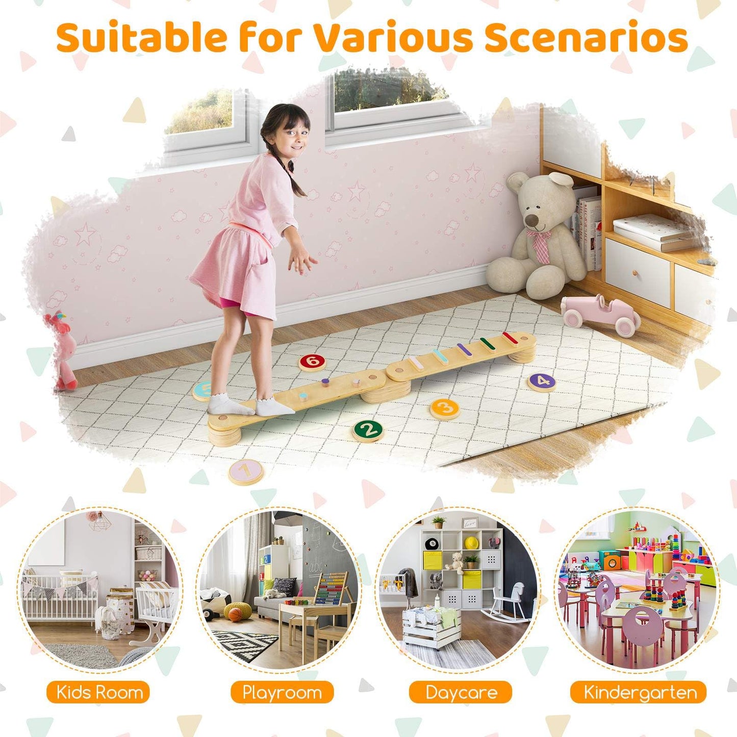 Wooden Kids Balance Beam Set with Stepping Stones
