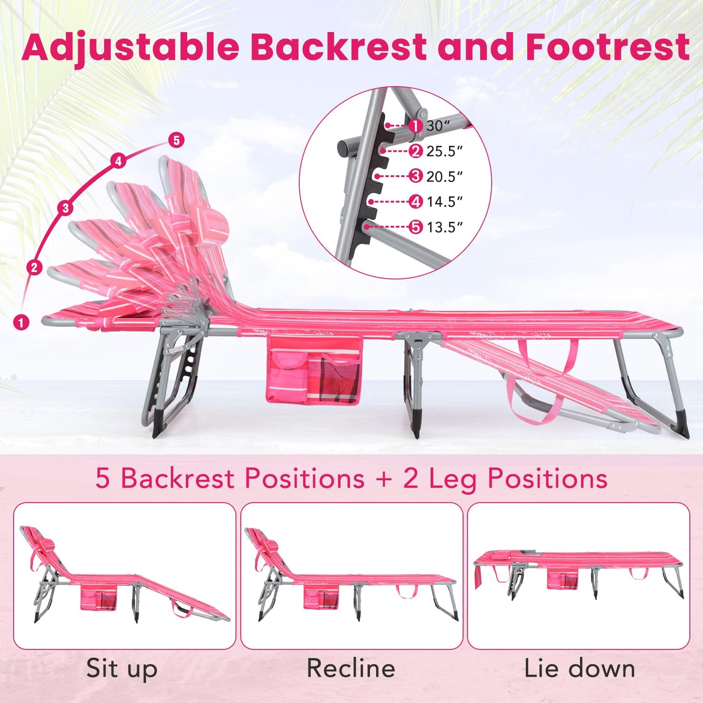 Folding Beach Lounge Chair with Pillow for Outdoor