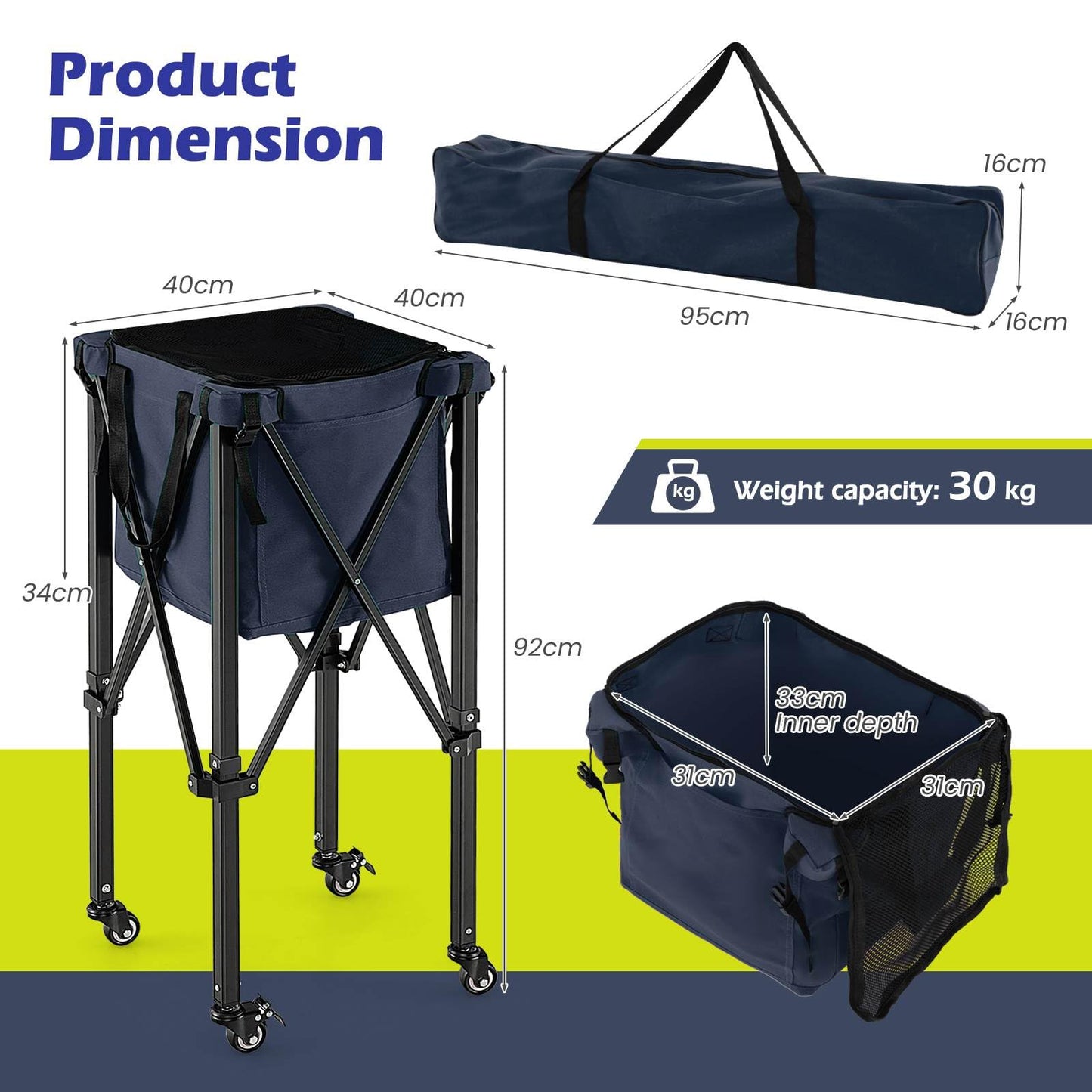 Lightweight Aluminum Tennis Ball Hopper Basket with Wheels and Removable Bag