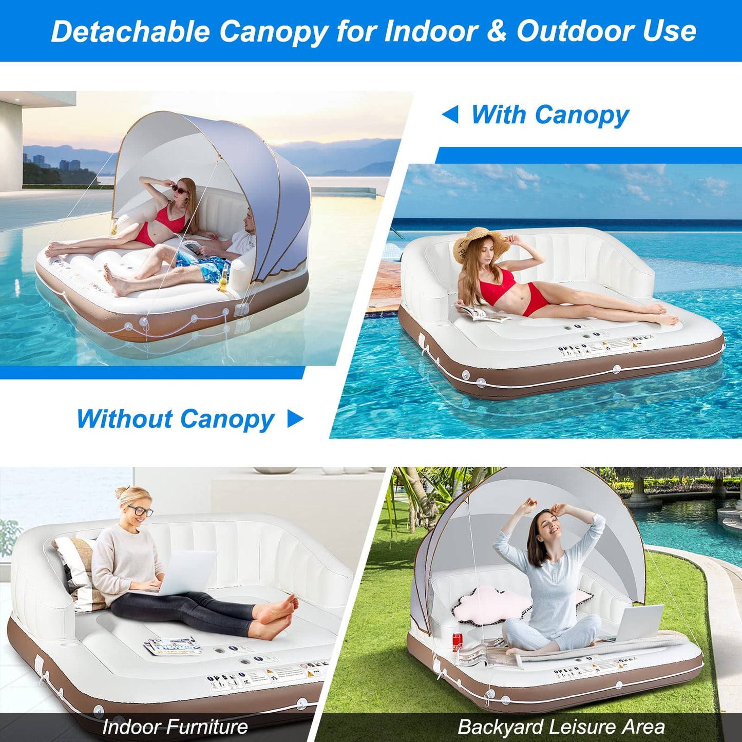 Canopy Island Inflatable Pool Float Lounge with High Backrest Armrest Adults & Kids