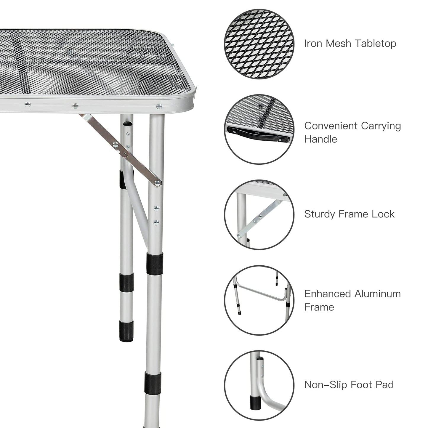 4-Position Adjustable Folding Camping Table With Rust Resistant Iron Mesh Top