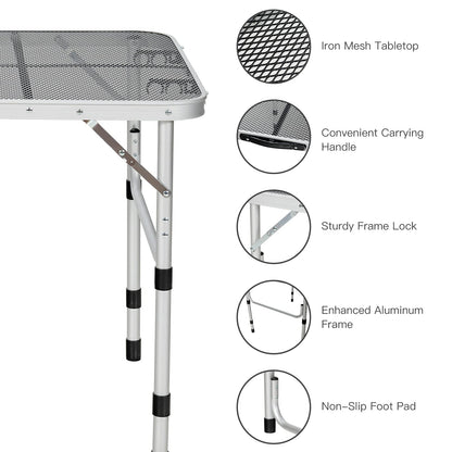 4-Position Adjustable Folding Camping Table With Rust Resistant Iron Mesh Top