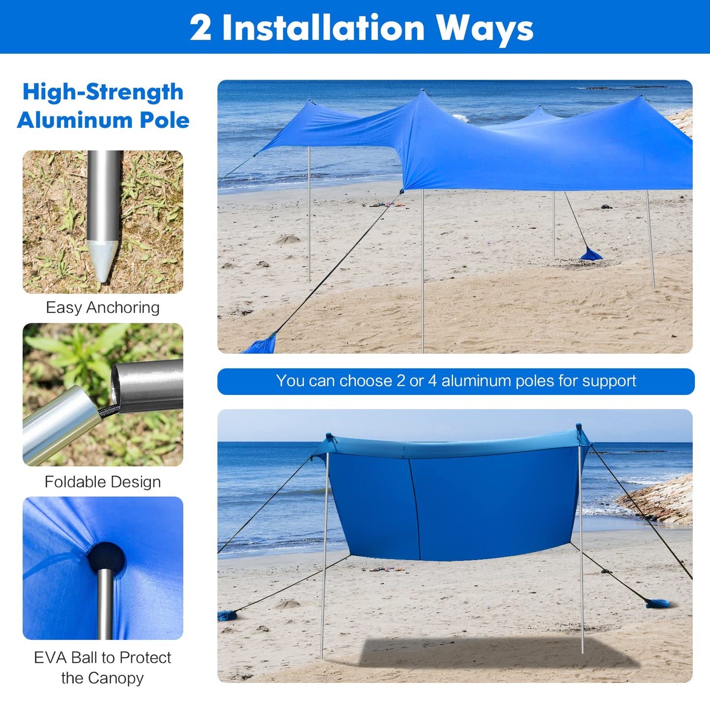 Large Beach Tent Canopy With Sandbags Sand Shovel UPF50+ Windproof (210 x 210 x 180 cm)