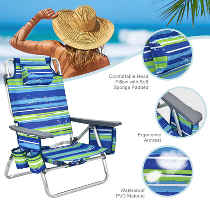 2-Pack Folding Backpack Beach Chair 5-Position Outdoor Reclining Chairs with Pillow