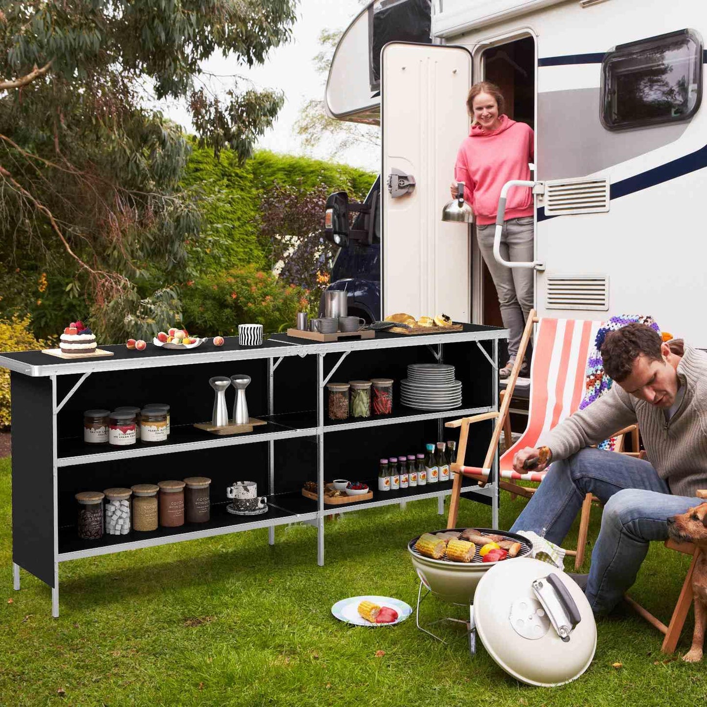 Aluminum Portable Picnic Table w/ 2-Tier Open Shelves & Spacious Tabletop
