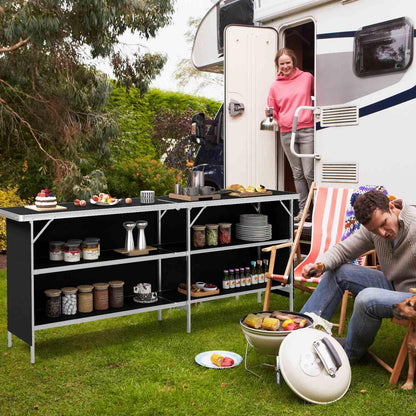 Aluminum Portable Picnic Table w/ 2-Tier Open Shelves & Spacious Tabletop