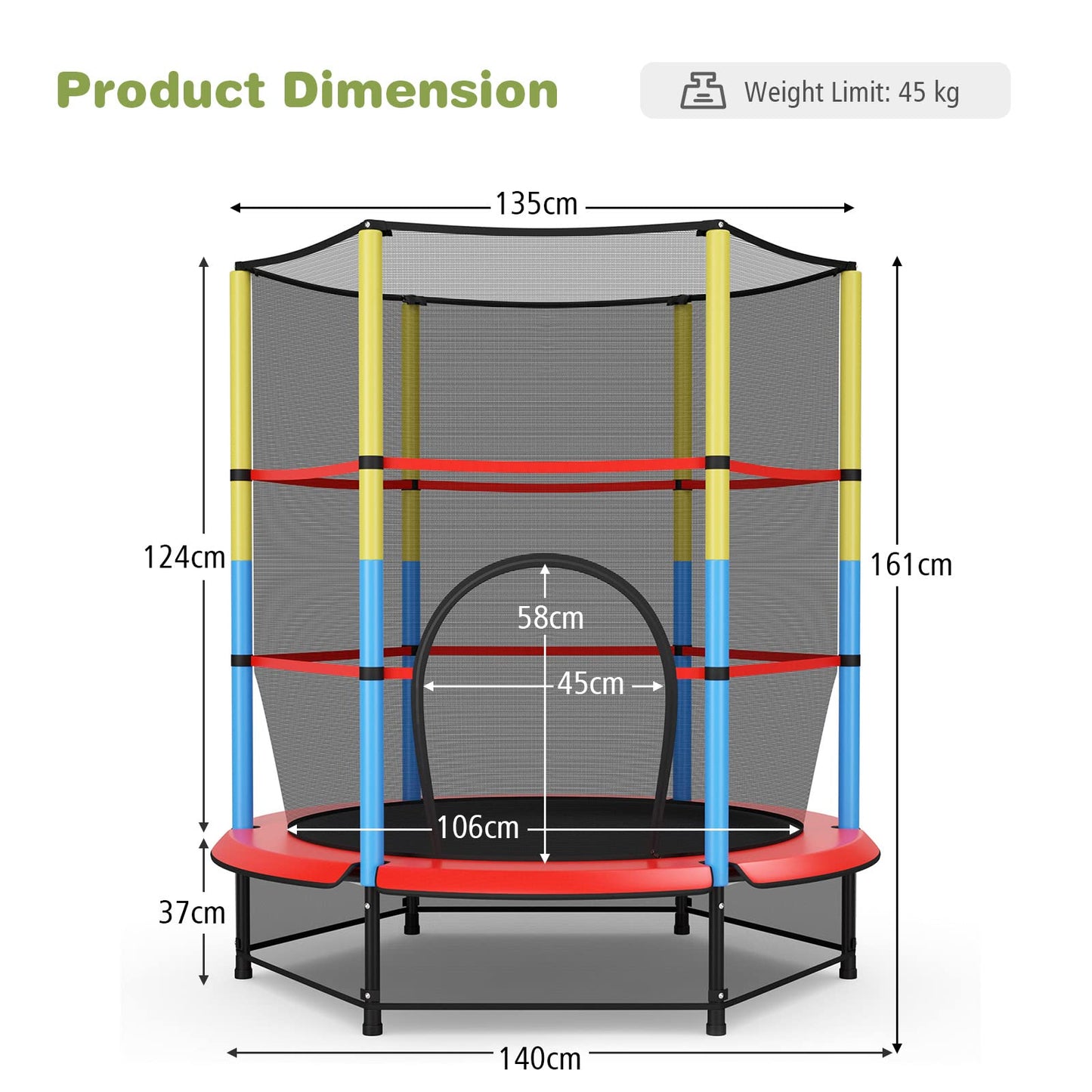55" Kids Trampoline with Safety Enclosure Net for Boys & Girls Age 3-6