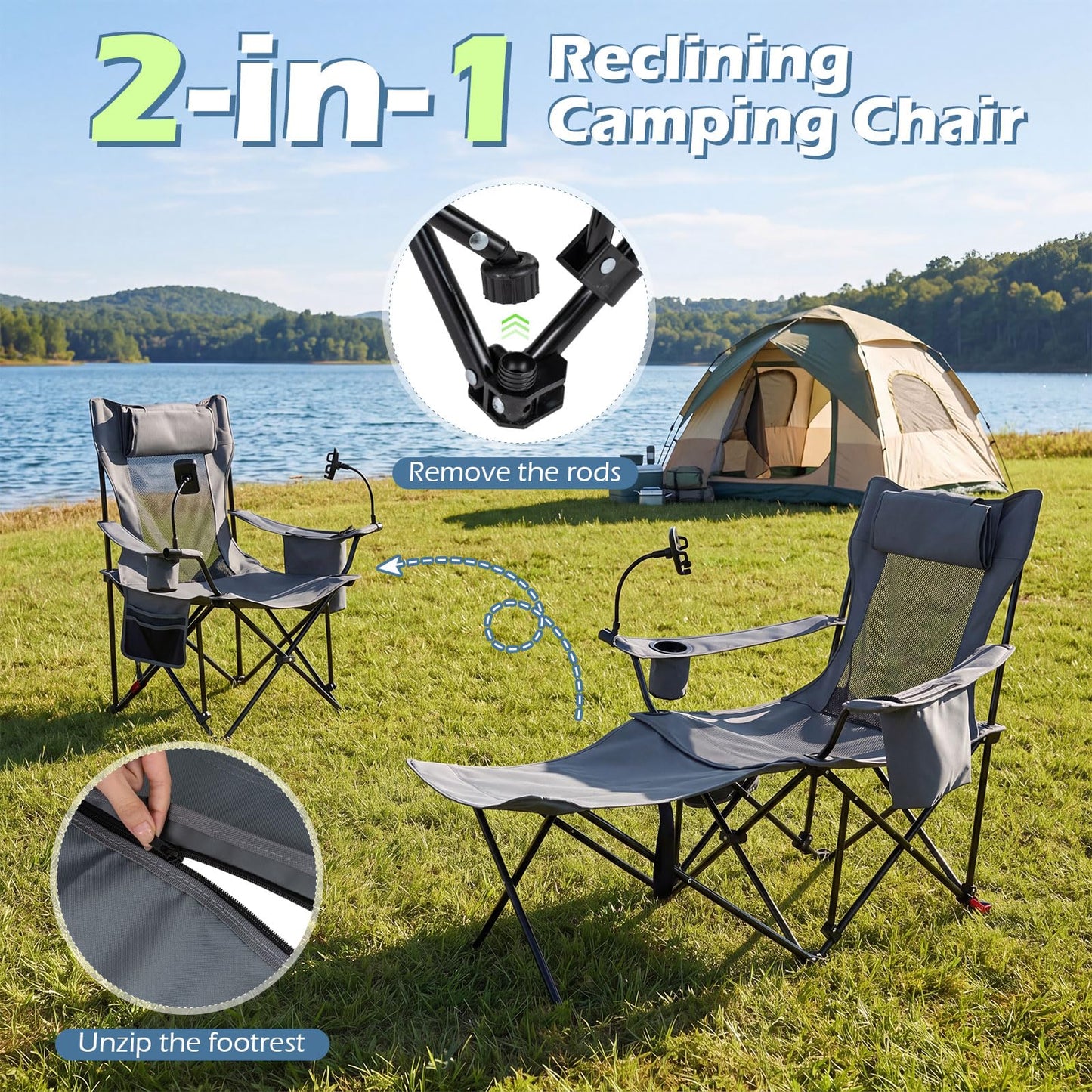 2-in-1 Camping Chair with Detachable Footrest and 3-Level Backrest