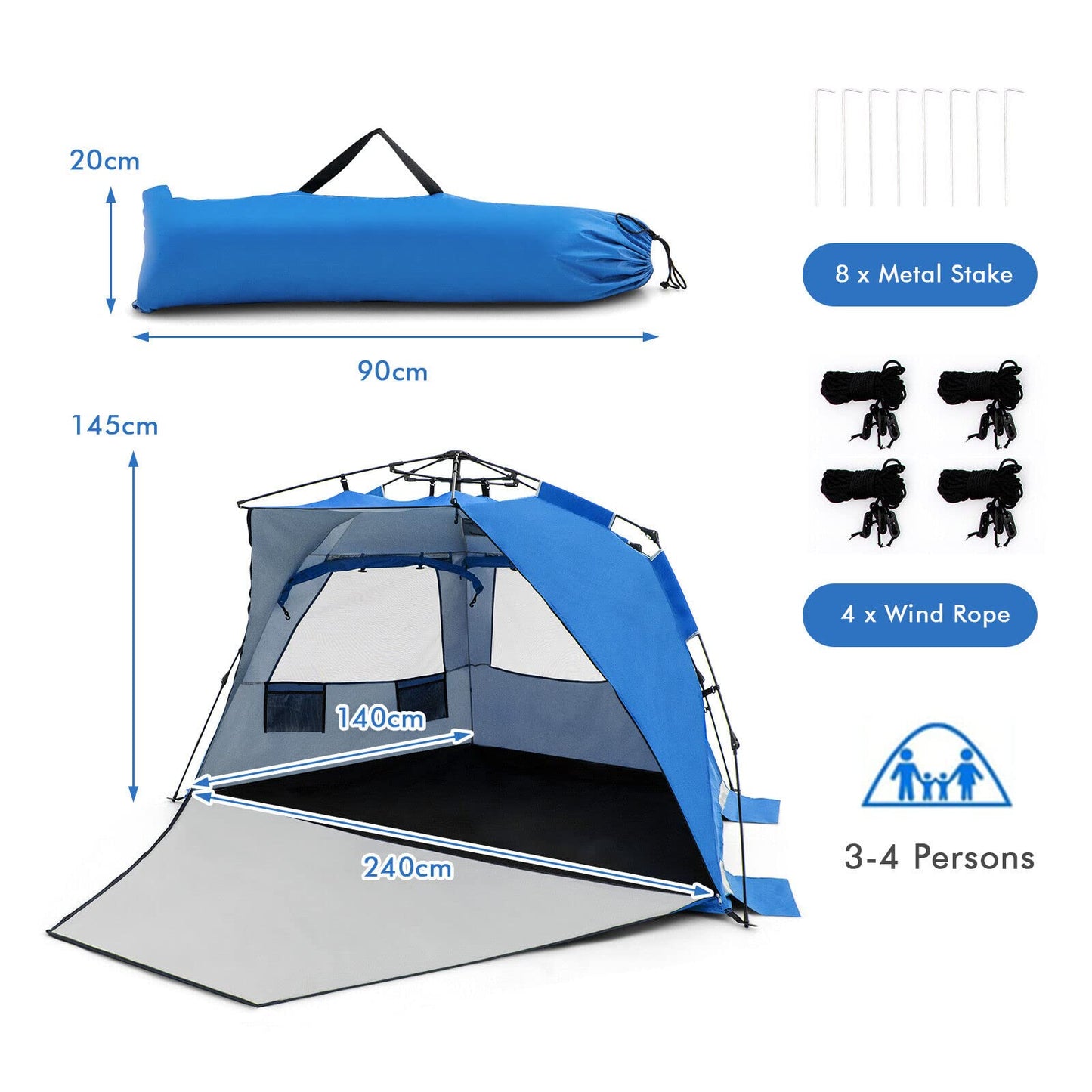 Instant Pop-up Beach Tent for 3-4 Persons Windproof Sunshade Canopy Cabana