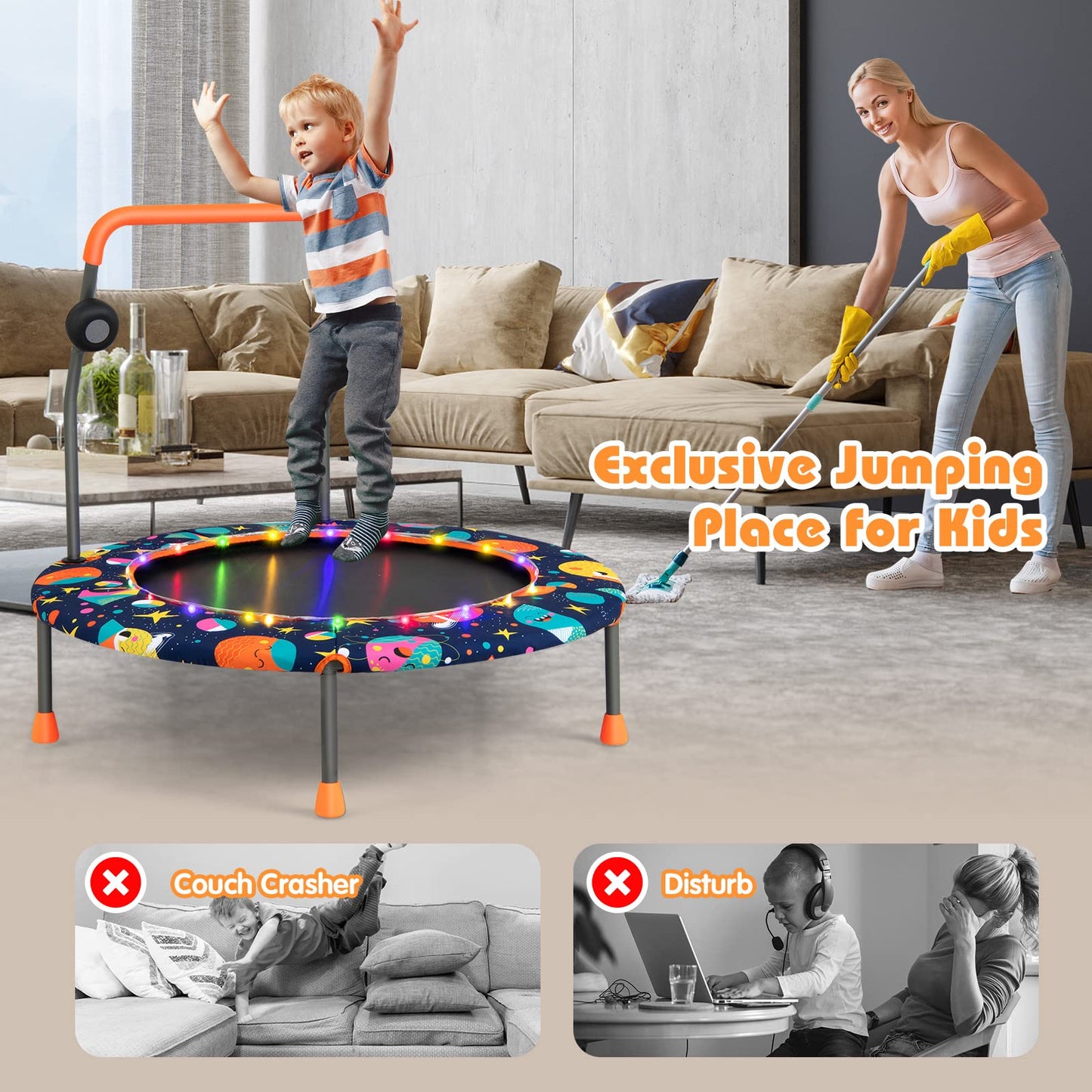 Toddler Music Trampoline with Colorful LED Lights for Kids