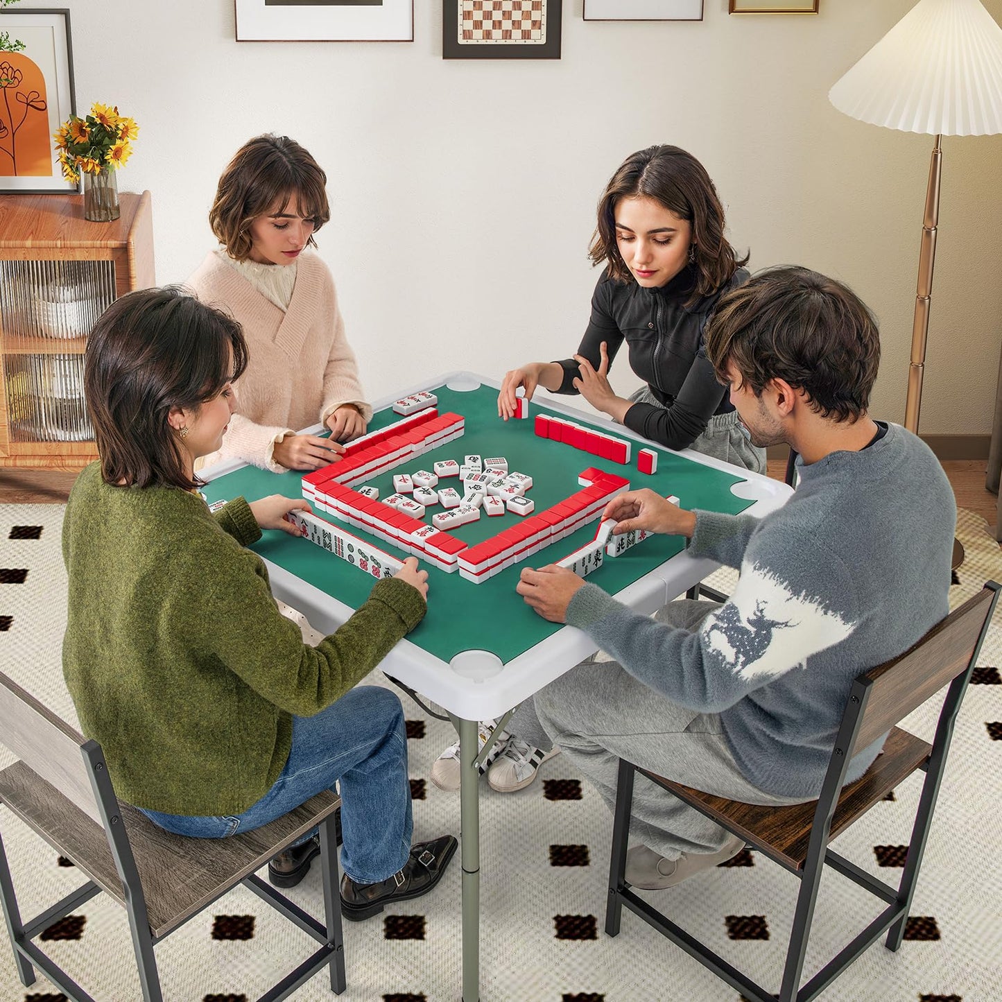 90cm Folding Mahjong Table Portable with Felt Mat and Cup Holders