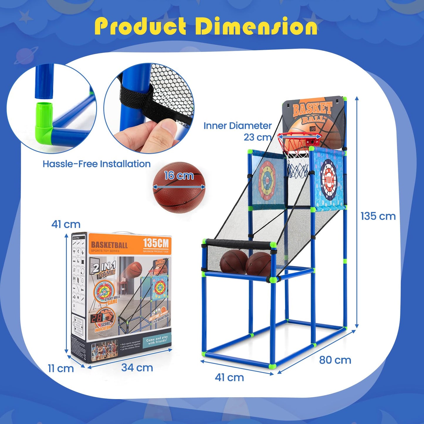 2-in-1 Kids Basketball Arcade Game Indoor Outdoor Basketball & Sticky Balls Game Set