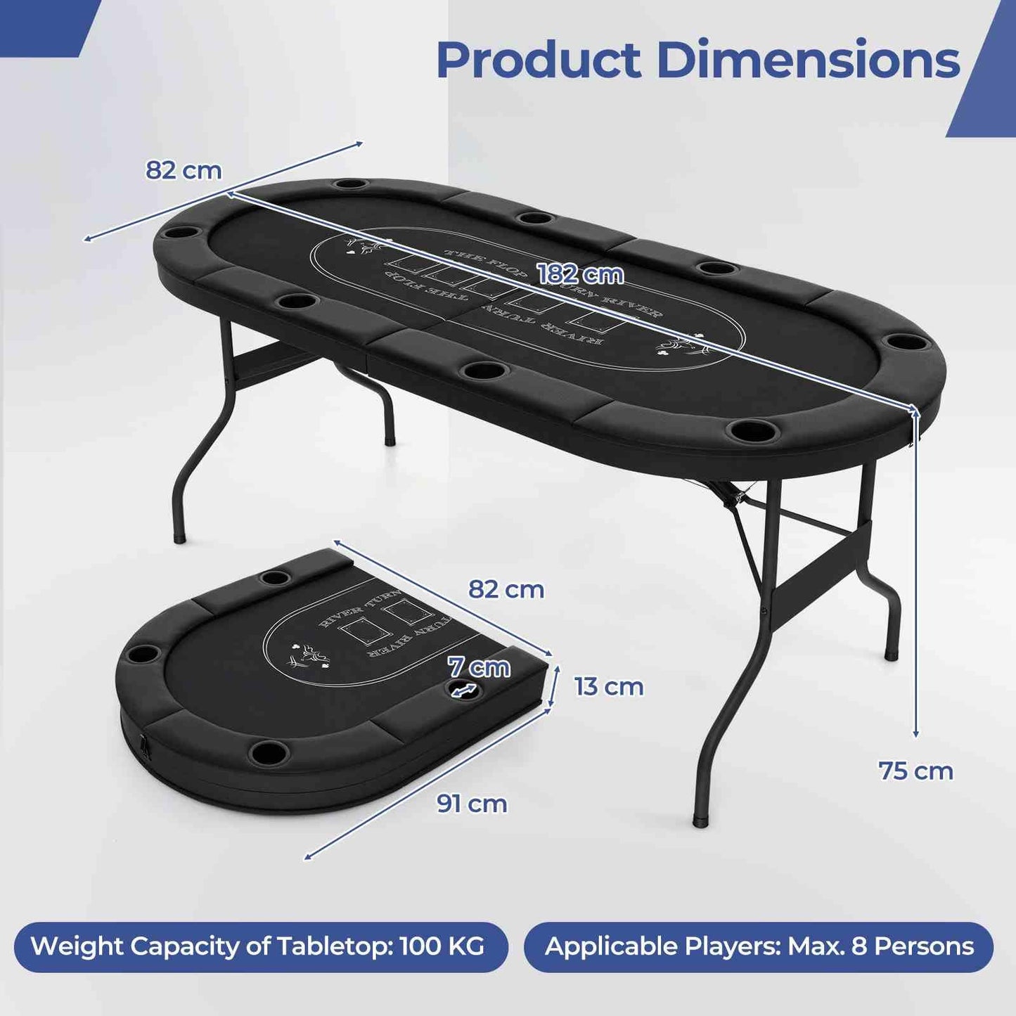 1.8m Foldable Poker Table for 8 Players Portable Oval Card Board Game Table