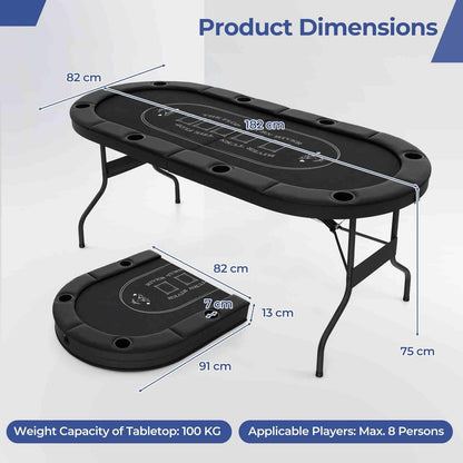 1.8m Foldable Poker Table for 8 Players Portable Oval Card Board Game Table