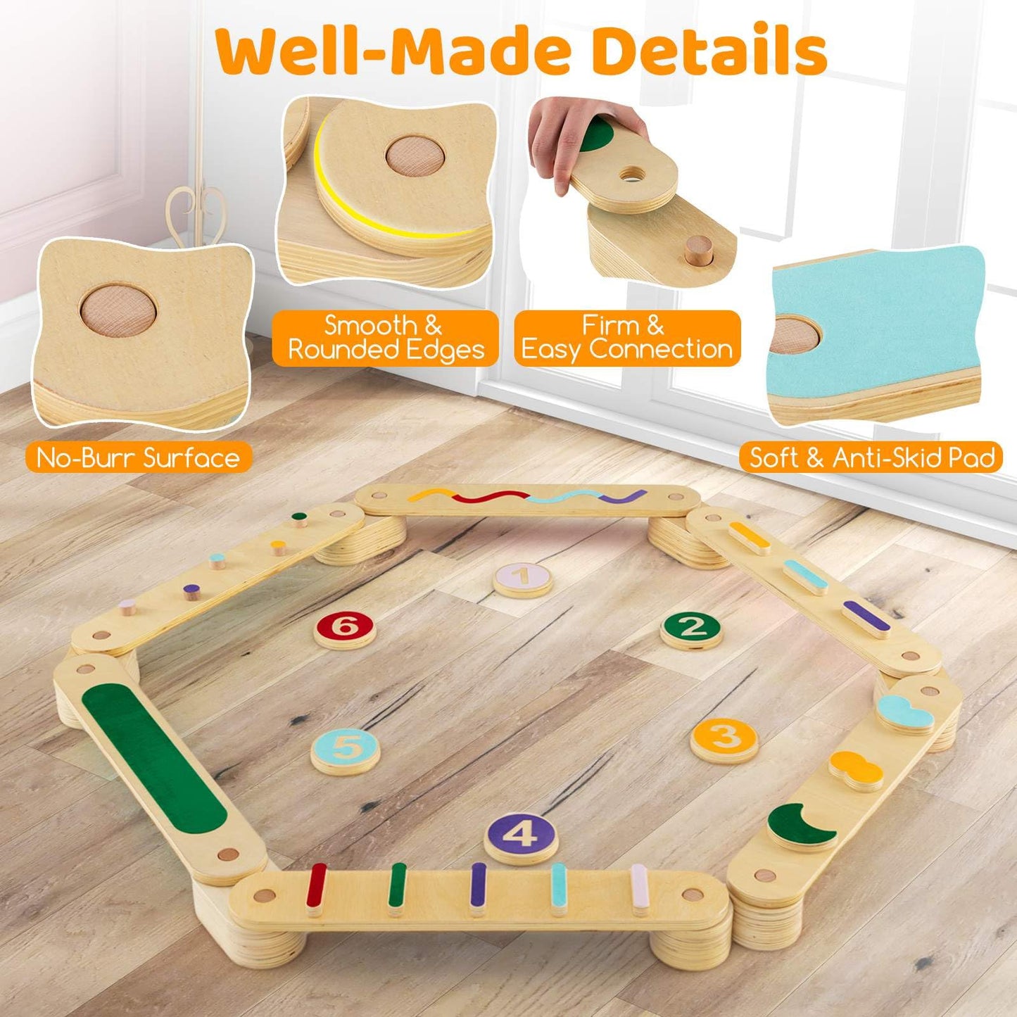 Wooden Kids Balance Beam Set with Stepping Stones