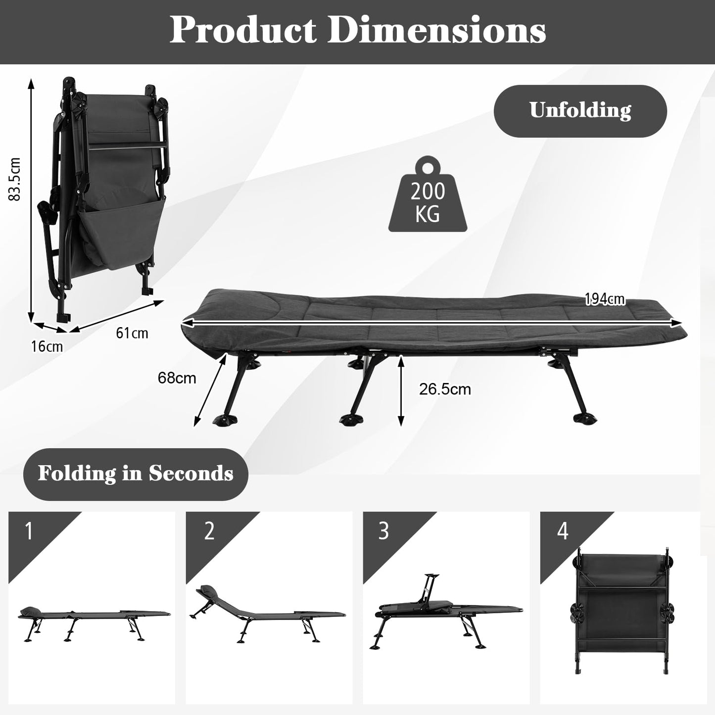 Folding Camping Cot With Detachable Mattress 360° Swivel Foot Cover