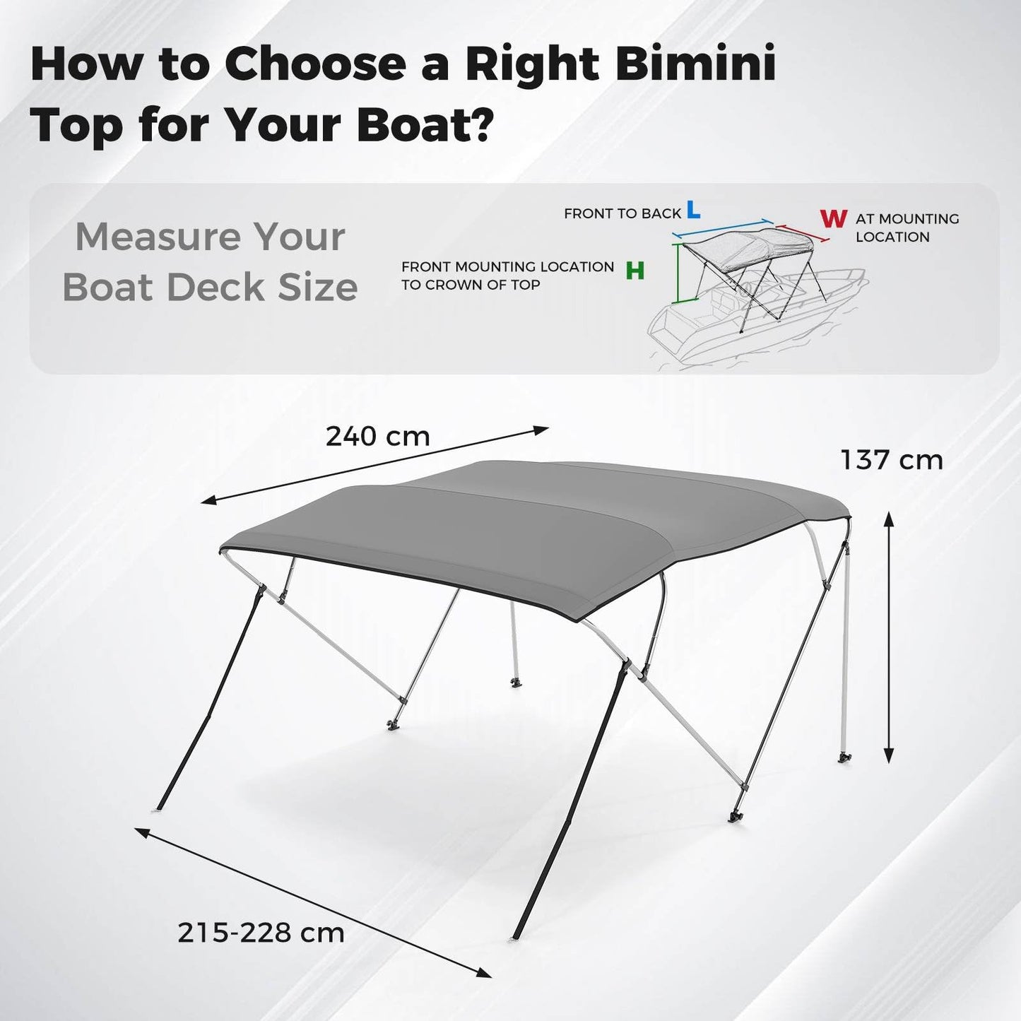 Boat Bimini Top Waterproof Fade-Resistant Oxford Canopy (240 x 215-228 x 137 cm (L x W x H)