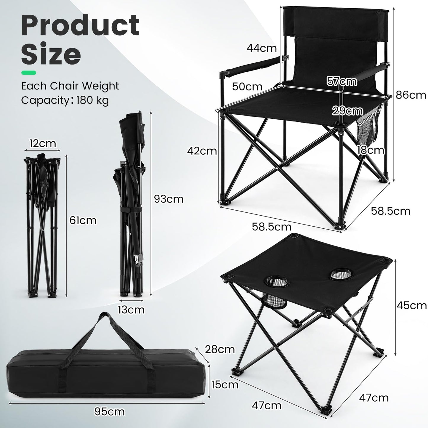 Portable Lawn Chairs & Side Table with 2 Cup Holders Storage Pockets