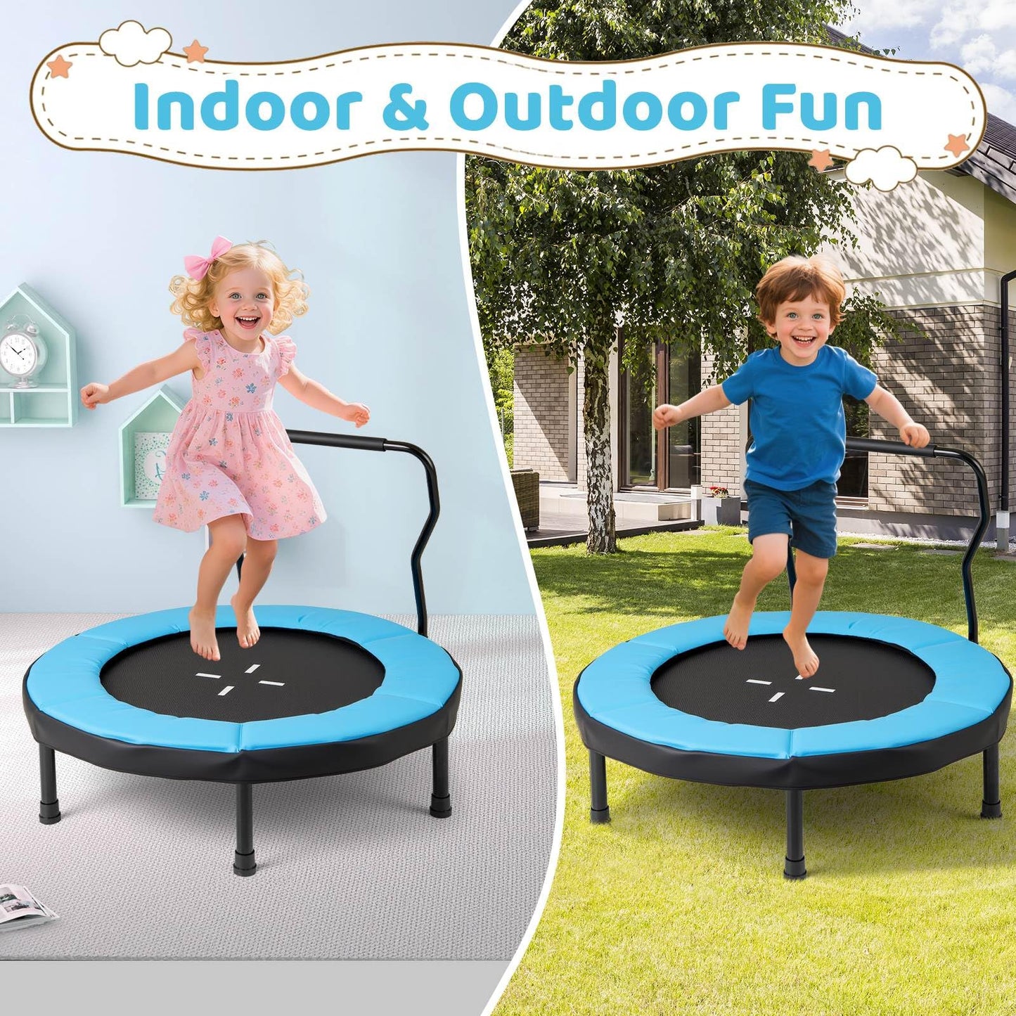 Trampoline with Foam Handlebar & Safety Pad for 3-6 Years Old Toddlers