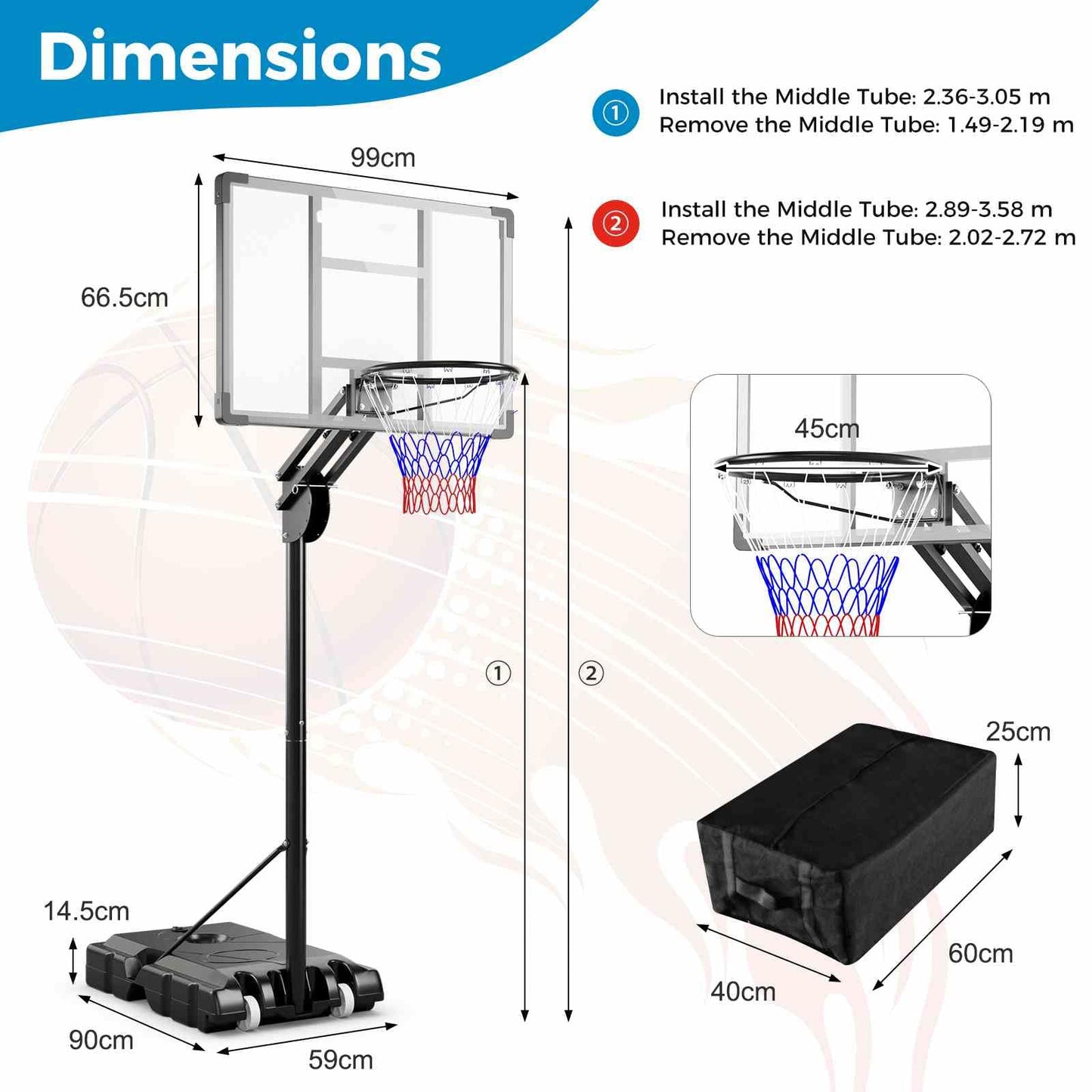Adjustable Basketball Hoop with Shatterproof Backboard and 2 Wheels