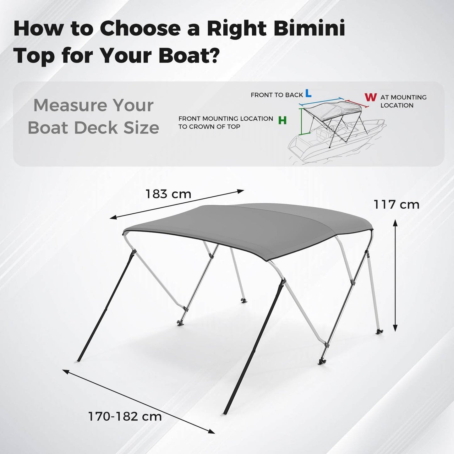Boat Bimini Top with Heavy- Duty Aluminum Support Frame(183 x 170-182 x 117 cm (L x W x H))