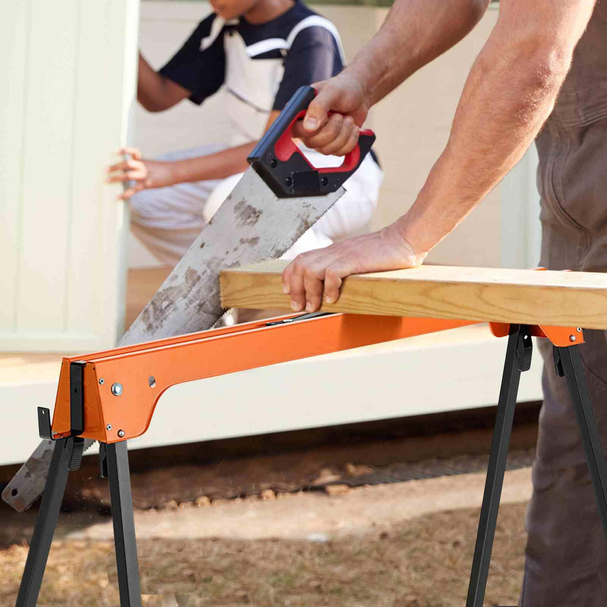 Pack of 2 Folding Sawhorses with Convenient Handle and Lightweight Tool Stands