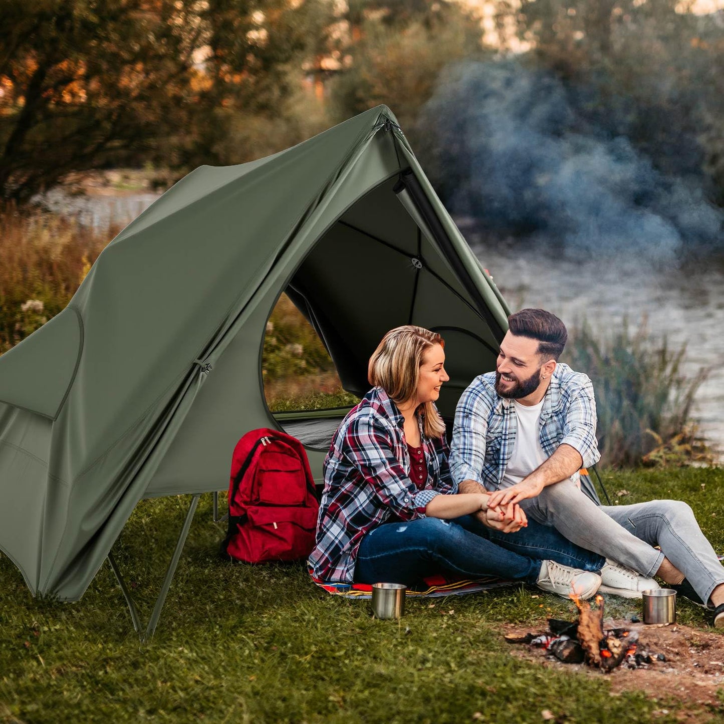 2-Person Foldable Outdoor Off-Ground Camping Combo for Adults w/Pop-up Tent Shelter