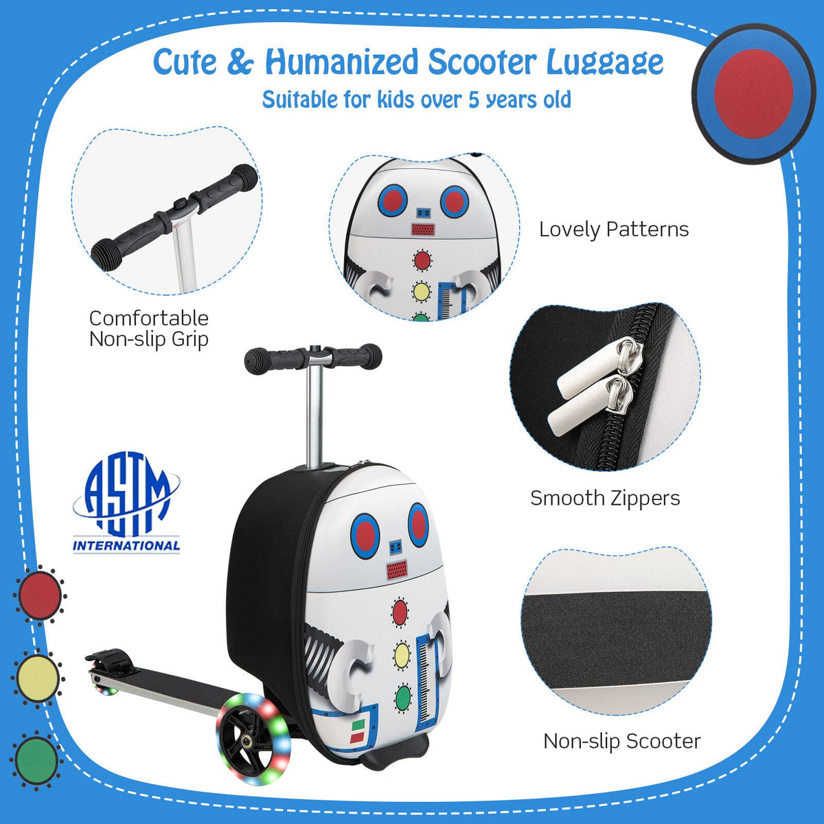 2-IN-1 Skateboard Luggage with 3 Color Lighted Wheels for Kids