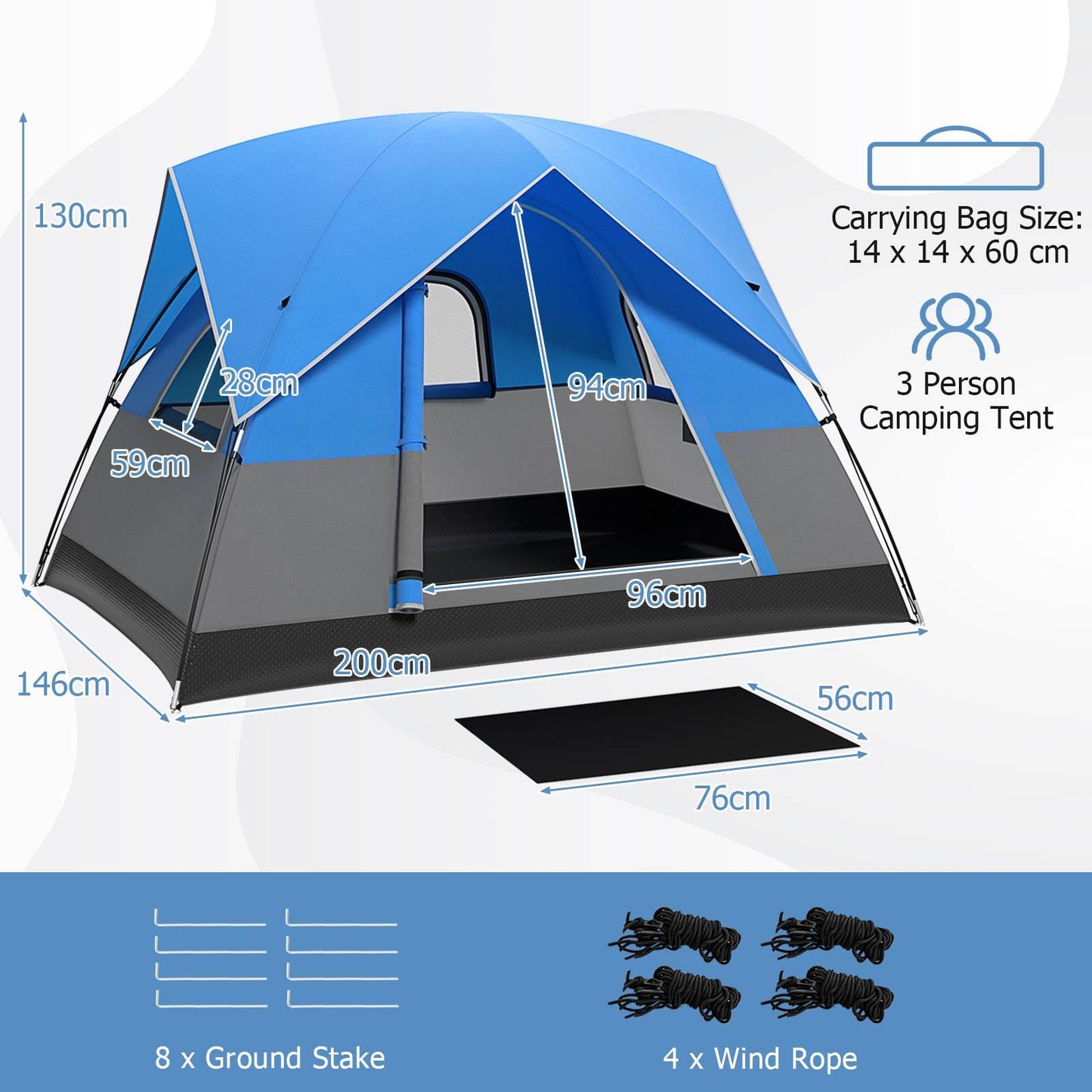3 Person Outdoor Camping Tent Waterproof Family Tent w/Carrying Bag